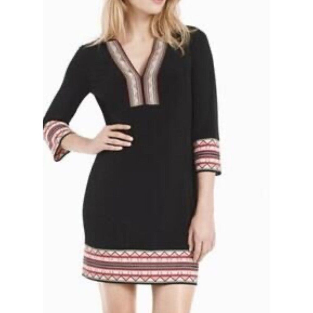White House Black Market Women Aztec Embroidery Trim Long Sleeve Shift Dress Siz